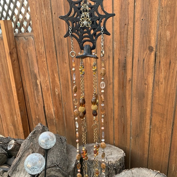 Halloween Goth Decor Iron Spider Beaded Wind Chime Mobile & Rustic Bells - Picture 3 of 10